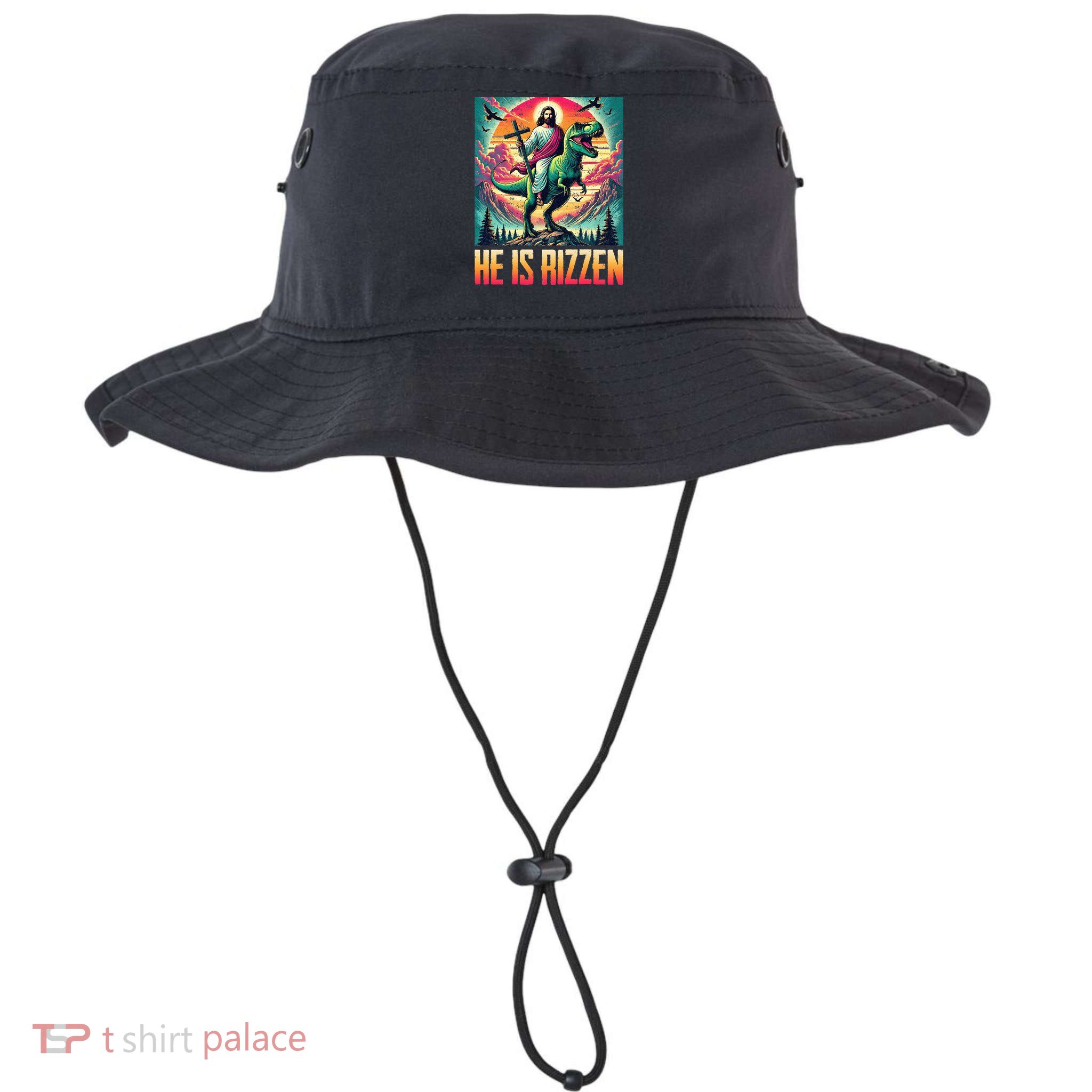He Is Rizzen Jesus Riding Trex Retro Christian Dinosaur Bucket Hat