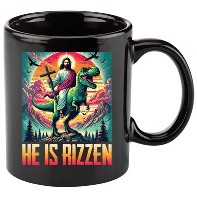 He Is Rizzen Jesus Riding Trex Retro Christian Dinosaur 11oz C Handle Ceramic Mug