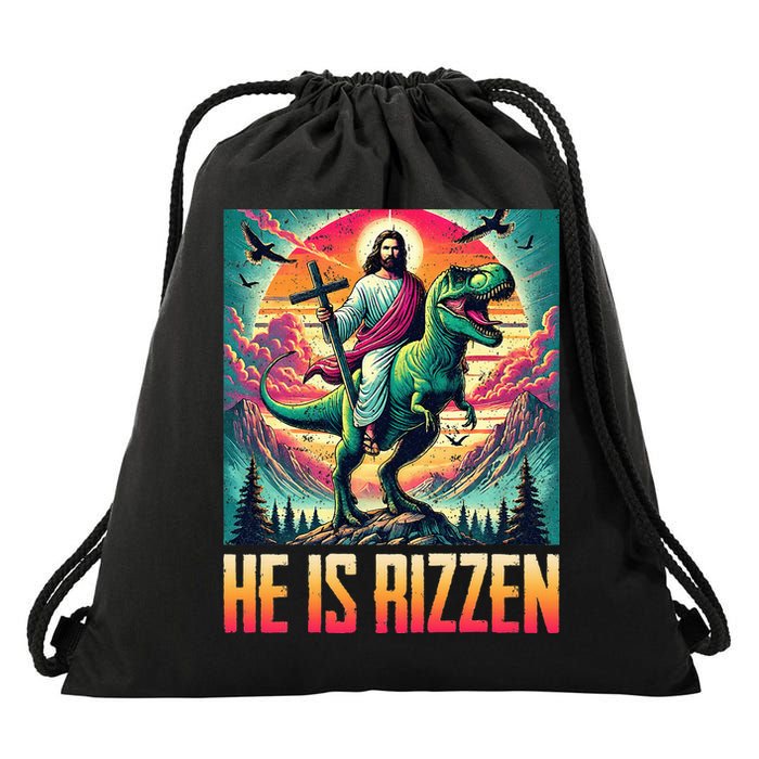 He Is Rizzen Jesus Riding Trex Retro Christian Dinosaur Drawstring Bag