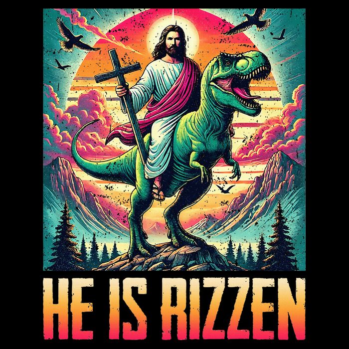 He Is Rizzen Jesus Riding Trex Retro Christian Dinosaur Drawstring Bag
