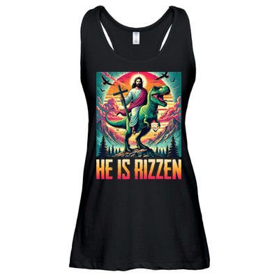 He Is Rizzen Jesus Riding Trex Retro Christian Dinosaur Ladies Essential Flowy Tank
