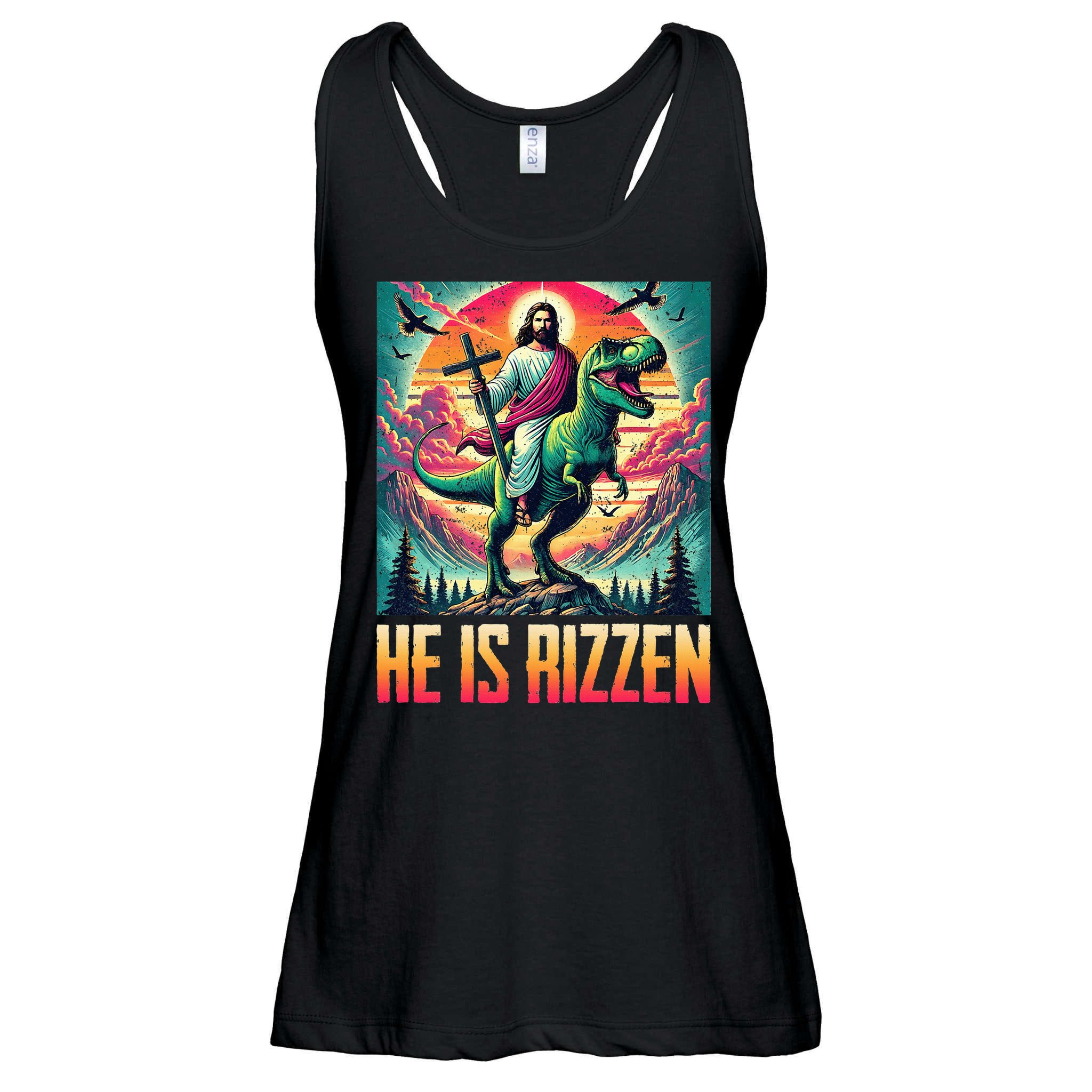 He Is Rizzen Jesus Riding Trex Retro Christian Dinosaur Ladies Essential Flowy Tank