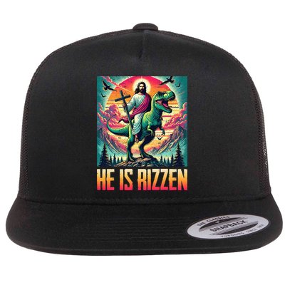 He Is Rizzen Jesus Riding Trex Retro Christian Dinosaur Flatbill Hat