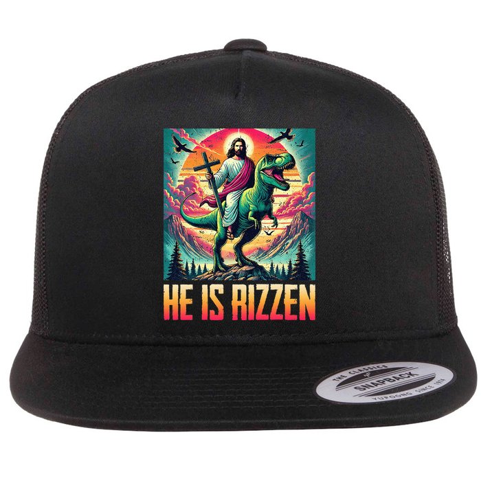 He Is Rizzen Jesus Riding Trex Retro Christian Dinosaur Flat Bill Trucker Hat