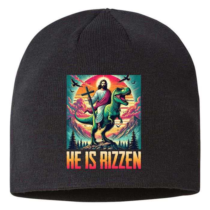 He Is Rizzen Jesus Riding Trex Retro Christian Dinosaur Sustainable Beanie