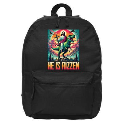 He Is Rizzen Jesus Riding Trex Retro Christian Dinosaur 16 in Basic Backpack