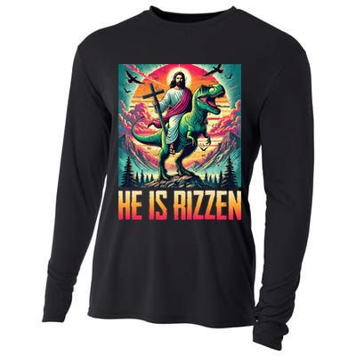 He Is Rizzen Jesus Riding Trex Retro Christian Dinosaur Cooling Performance Long Sleeve Crew