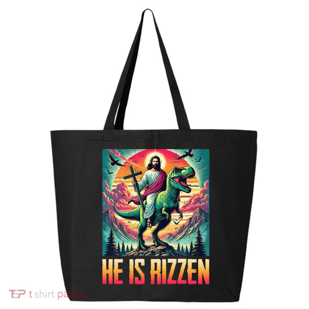 He Is Rizzen Jesus Riding Trex Retro Christian Dinosaur 25L Jumbo Tote
