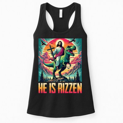 He Is Rizzen Jesus Riding Trex Retro Christian Dinosaur Womens Tank Top