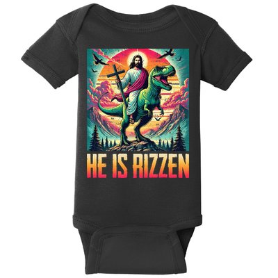 He Is Rizzen Jesus Riding Trex Retro Christian Dinosaur Baby Bodysuit