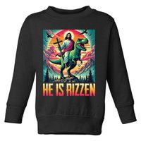 He Is Rizzen Jesus Riding Trex Retro Christian Dinosaur Toddler Sweatshirt