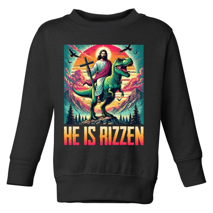 He Is Rizzen Jesus Riding Trex Retro Christian Dinosaur Toddler Sweatshirt