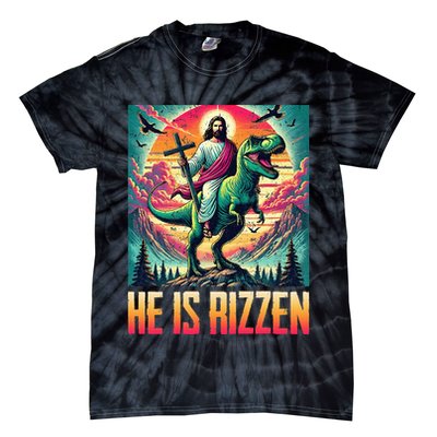 He Is Rizzen Jesus Riding Trex Retro Christian Dinosaur Tie-Dye T-Shirt