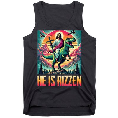 He Is Rizzen Jesus Riding Trex Retro Christian Dinosaur Tank Top