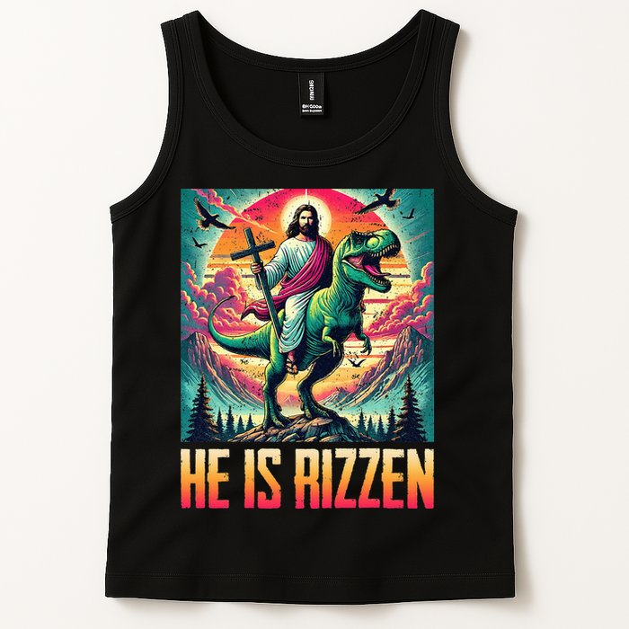 He Is Rizzen Jesus Riding Trex Retro Christian Dinosaur Tank Top