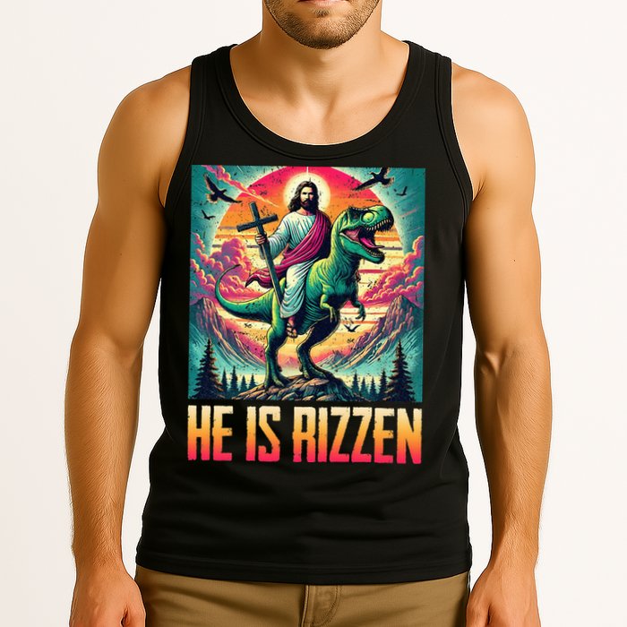He Is Rizzen Jesus Riding Trex Retro Christian Dinosaur Tank Top