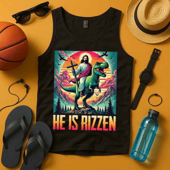 He Is Rizzen Jesus Riding Trex Retro Christian Dinosaur Tank Top