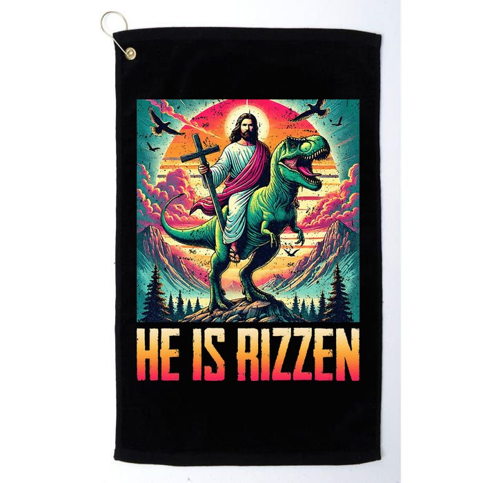 He Is Rizzen Jesus Riding Trex Retro Christian Dinosaur Golf Towel