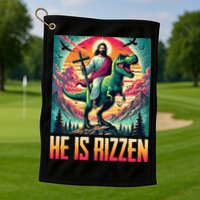 He Is Rizzen Jesus Riding Trex Retro Christian Dinosaur Golf Towel