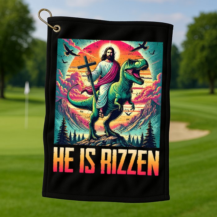He Is Rizzen Jesus Riding Trex Retro Christian Dinosaur Golf Towel