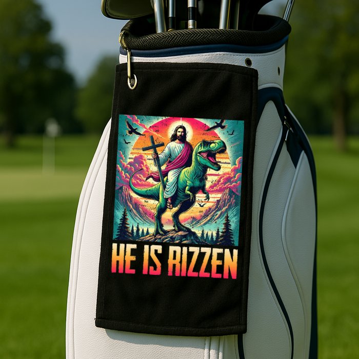 He Is Rizzen Jesus Riding Trex Retro Christian Dinosaur Golf Towel