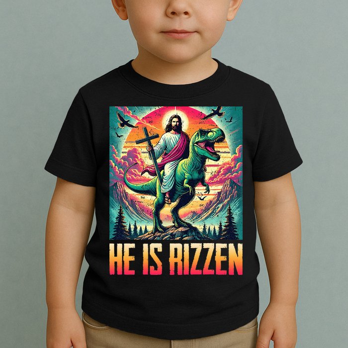 He Is Rizzen Jesus Riding Trex Retro Christian Dinosaur Toddler T-Shirt