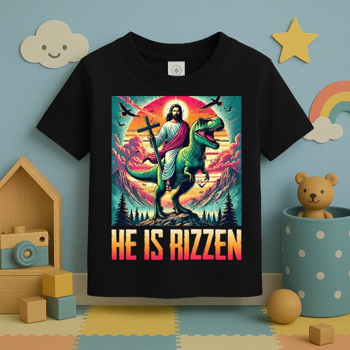 He Is Rizzen Jesus Riding Trex Retro Christian Dinosaur Toddler T-Shirt