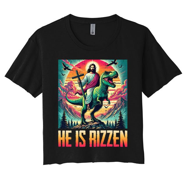 He Is Rizzen Jesus Riding Trex Retro Christian Dinosaur Crop Top