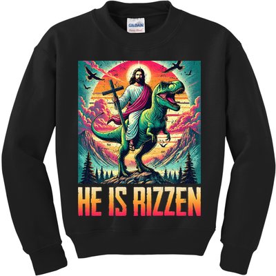 He Is Rizzen Jesus Riding Trex Retro Christian Dinosaur Kids Sweatshirt