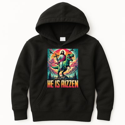 He Is Rizzen Jesus Riding Trex Retro Christian Dinosaur Kids Hoodie