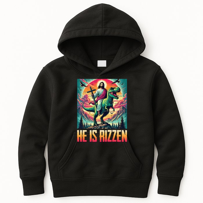 He Is Rizzen Jesus Riding Trex Retro Christian Dinosaur Kids Hoodie