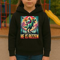 He Is Rizzen Jesus Riding Trex Retro Christian Dinosaur Kids Hoodie