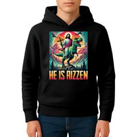 He Is Rizzen Jesus Riding Trex Retro Christian Dinosaur Kids Hoodie