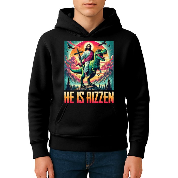 He Is Rizzen Jesus Riding Trex Retro Christian Dinosaur Kids Hoodie