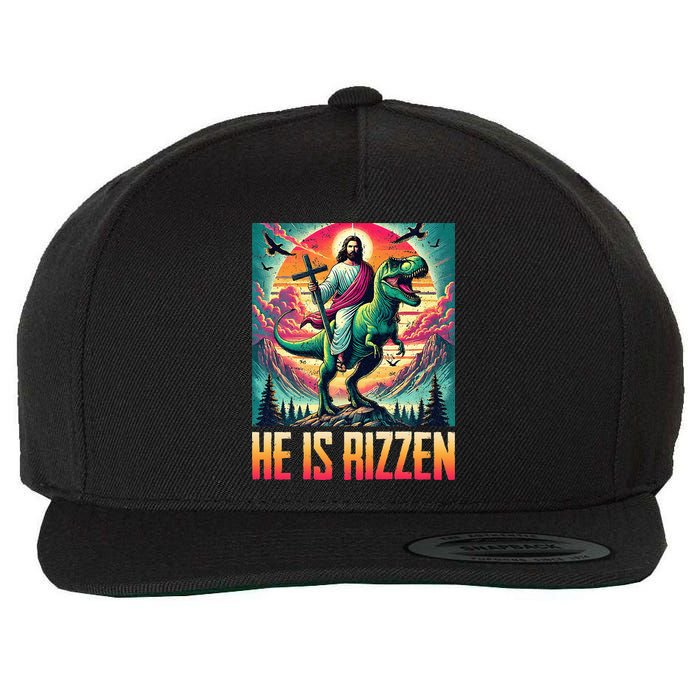 He Is Rizzen Jesus Riding Trex Retro Christian Dinosaur Wool Snapback Cap