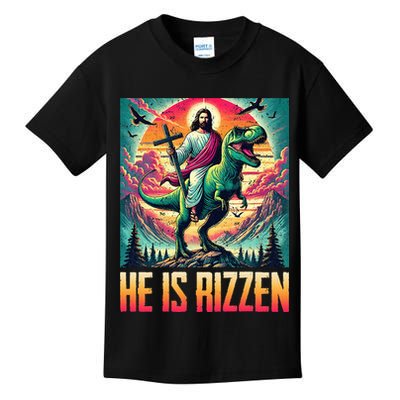 He Is Rizzen Jesus Riding Trex Retro Christian Dinosaur Kids T-Shirt