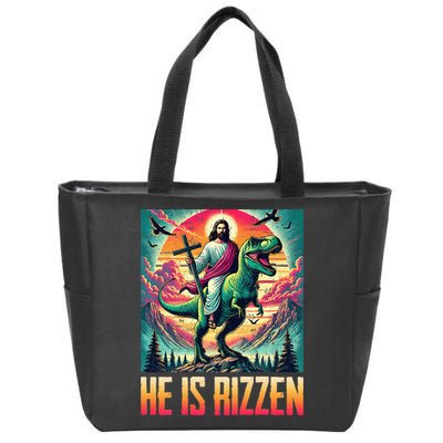 He Is Rizzen Jesus Riding Trex Retro Christian Dinosaur Zip Tote Bag
