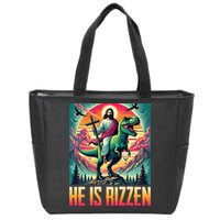 He Is Rizzen Jesus Riding Trex Retro Christian Dinosaur Zip Tote Bag