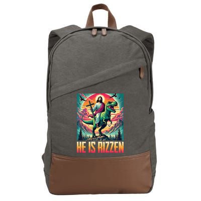 He Is Rizzen Jesus Riding Trex Retro Christian Dinosaur Cotton Canvas Backpack