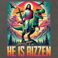 He Is Rizzen Jesus Riding Trex Retro Christian Dinosaur Cotton Canvas Backpack
