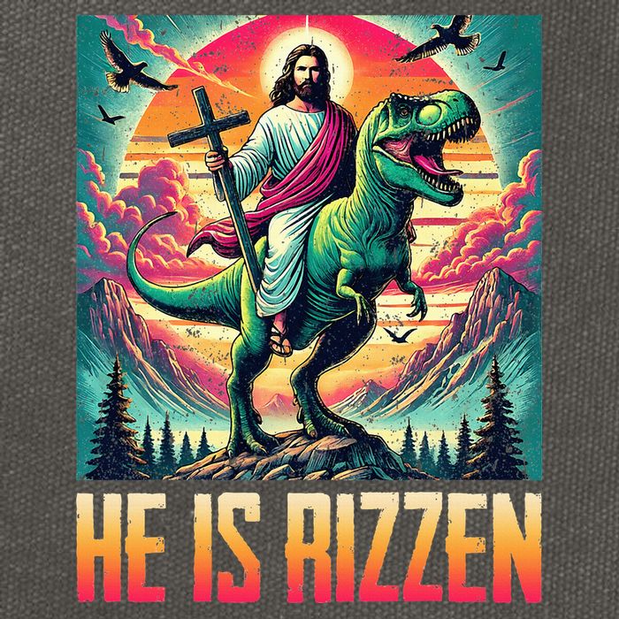 He Is Rizzen Jesus Riding Trex Retro Christian Dinosaur Cotton Canvas Backpack