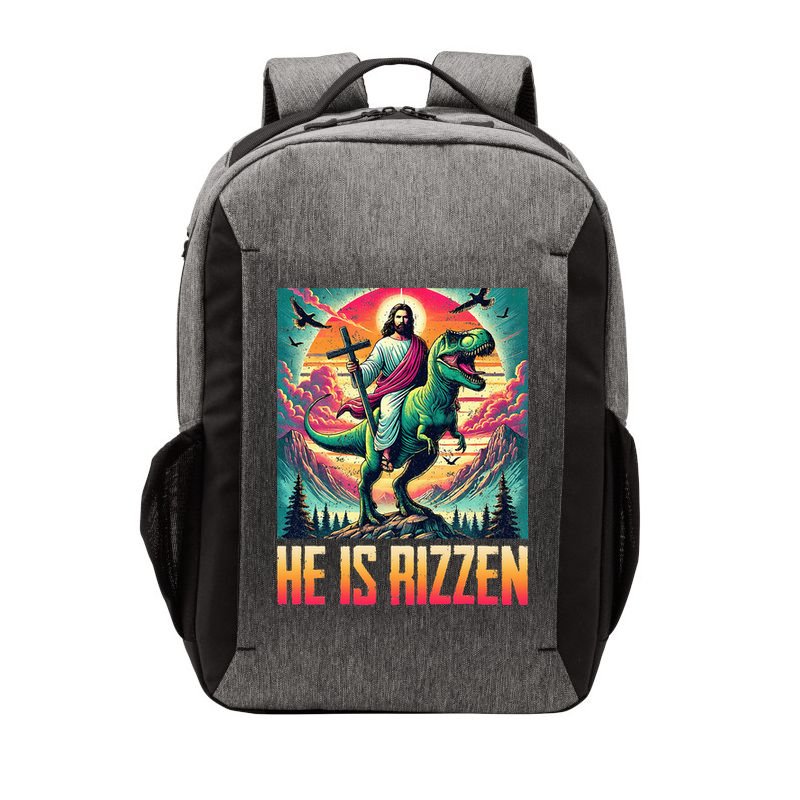 He Is Rizzen Jesus Riding Trex Retro Christian Dinosaur Vector Backpack