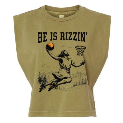 He Is Risen Rizzin Easter Jesus Christian Faith Basketball Garment-Dyed Women's Muscle Tee