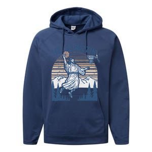 He Is Risen Funny Easter Jesus Playing Basketball Performance Fleece Hoodie