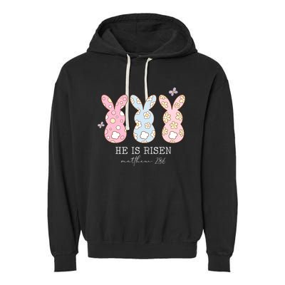 He Is Risen Matthew 28:6 Bunny Easter Sunday Garment-Dyed Fleece Hoodie