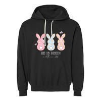 He Is Risen Matthew 28:6 Bunny Easter Sunday Garment-Dyed Fleece Hoodie