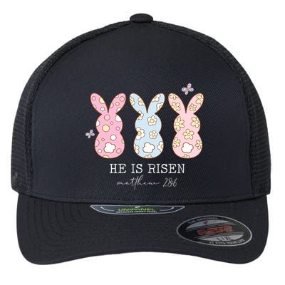 He Is Risen Matthew 28:6 Bunny Easter Sunday Flexfit Unipanel Trucker Cap