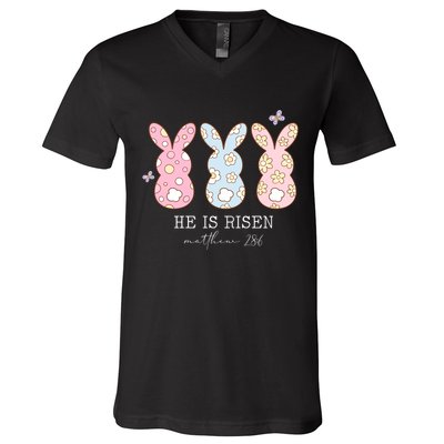 He Is Risen Matthew 28:6 Bunny Easter Sunday V-Neck T-Shirt