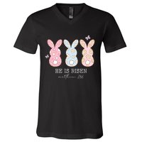 He Is Risen Matthew 28:6 Bunny Easter Sunday V-Neck T-Shirt