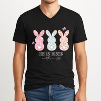 He Is Risen Matthew 28:6 Bunny Easter Sunday V-Neck T-Shirt